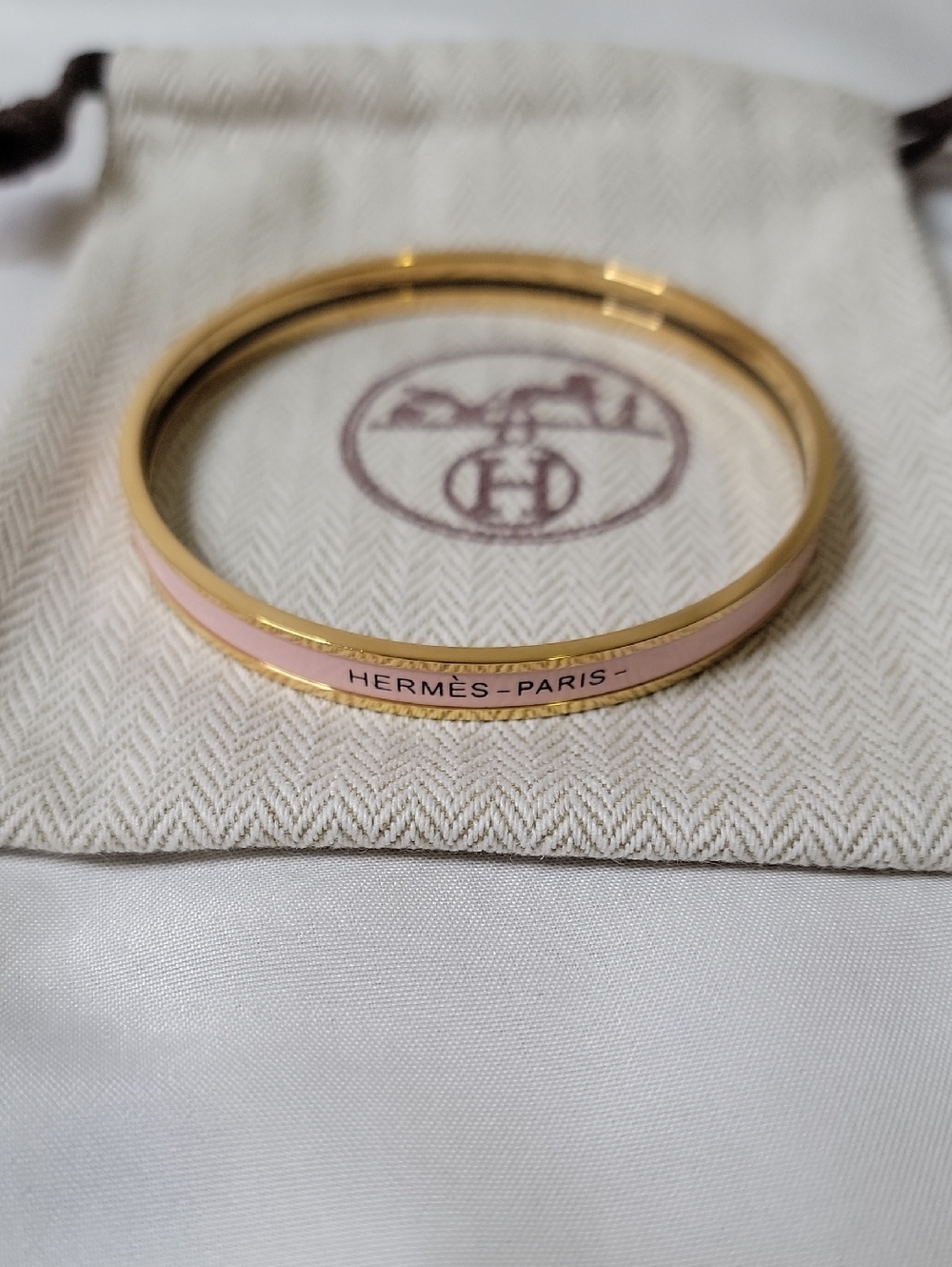 Hermes Pink Enamel & Gold Thin Bangle